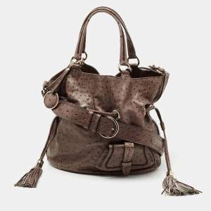 Lancel Brown Ostrich Embossed Leather Premiere Flirt Bucket Bag
