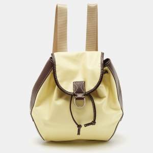 Lancel Yellow/Dark Brown Nylon and Leather Drawstring Backpack