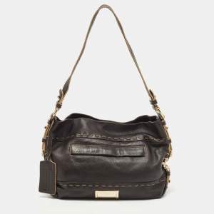 Lancel Dark Brown Wildstitch Leather Front Pocket Shoulder Bag