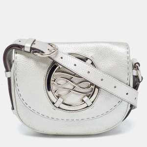 Lancel Silver Leather Logo Embellished Crossbody Bag