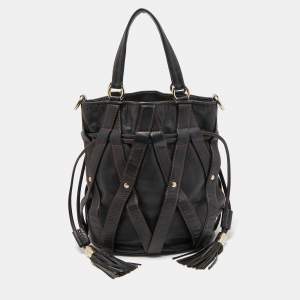 Lancel Dark Brown Leather Elsa Sellier Bucket Shoulder Bag