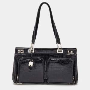 Lancel Black Crocodile Leather Double Pocket Tote