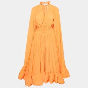 Lanvin Orange Crepe Ruffled Cape Style Charmeuse Midi Dress S