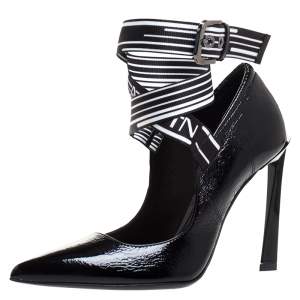 Pre Owned Lanvin Black Textured Patent Leather Pointed Toe Lace Buckle Pumps Size 36