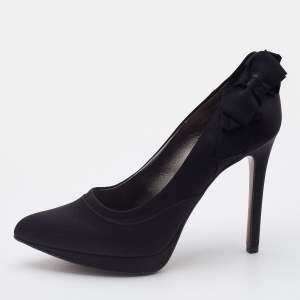 Pre Owned Lanvin Black Satin Bow Embellished Pointed Toe Platform Pumps Size 38