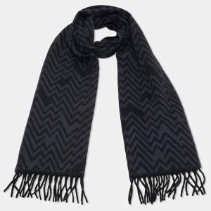 مملوكة مسبقًا Lanvin Blue Chevron Knit Wool Fringed Scarf 