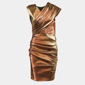 Pre Owned Lanvin Gold Lurex Cotton Blend Gathered Short Dress M