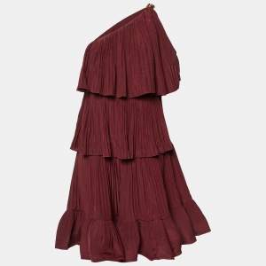 Pre Owned Lanvin Maroon Sateen Pleated One Shoulder Dress L