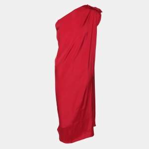 Pre Owned Lanvin Pink Stretch Satin Ruffle Shoulderless Asymmetric Dress L
