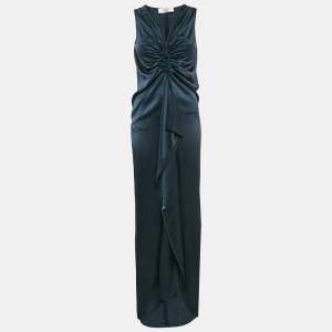 Lanvin Blue Satin Silk Frayed Asymmetric Sleeveless Maxi Dress S