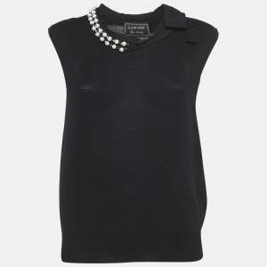Lanvin Black Knit Embellished Neck Sleeveless Top M