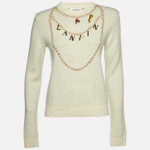 Lanvin Cream Cashmere & Wool Knit Logo Charm Detail Sweater S