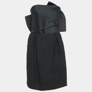 Lanvin Black Satin and Textured Jacquard Bow Detail Strapless Mini Dress M