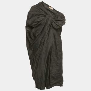 Lanvin Black Gabardine Drape Detail One Shoulder Short Dress L