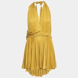 Pre Owned Lanvin Yellow Satin Gathered Mini Dress S