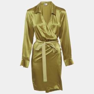 Pre Owned Lanvin Green Satin Silk Short Wrap Dress S