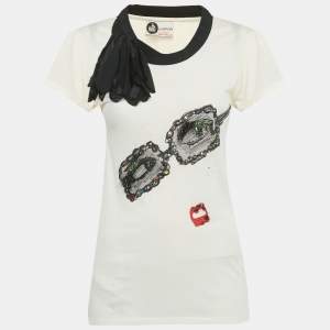 Pre Owned Lanvin Cream Flower Applique Embellished Cotton Blend T-shirt S