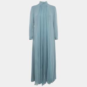 مملوكة مسبقًا Lanvin Slate Blue Silk Drape Detail Maxi Dress L
