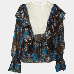 مملوكة مسبقًا Lanvin Black Floral Brocade & Lace Ruffled Blouse M