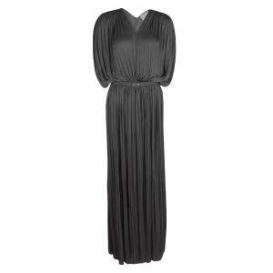 Pre Owned Lanvin Grey Draped Plisse Gathered Belted Maxi Dress S