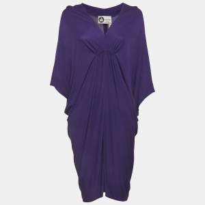 Pre Owned Lanvin Purple Stretch Knit Ruched V-Neck Mini Dress 