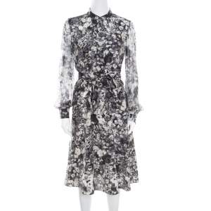 Pre Owned Lanvin Dark Grey Floral Printed Silk Belted Midi Dress S