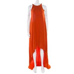 Lanvin Orange Crepe Metal Neck Embellished Sleeveless High Low Dress M