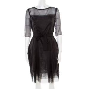 Lanvin Black Silk Organza Raw Edge Detail Sheer Yoke Layered Dress S