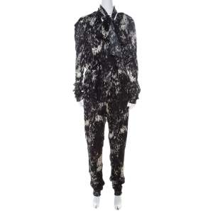 Lanvin Black & White Printed Neck Bow Detail Elastic Waist Jumpsuit L