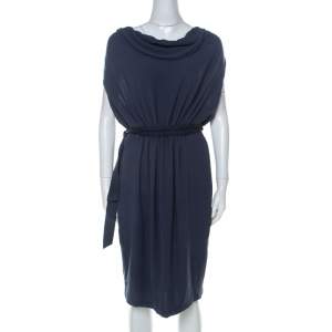 Pre Owned Lanvin Blue-Grey Crepe Gathered Waist Belted Draped Dress M