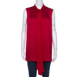 Pre Owned Lanvin Cherry Red Satin Neck Tie Detail Sleeveless Blouse M