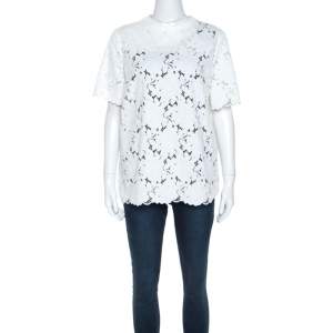 Pre Owned Lanvin White Guipure Lace Short Sleeve Top L