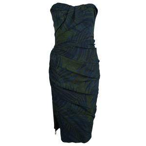Pre Owned Lanvin Bottle Green Palm Leaf Print Strapless Ruched Midi Dress M