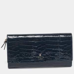 Lanvin Navy Blue Croc Embossed Patent Leather Continental Wallet