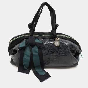 Lanvin Blue/Black Croc Embossed Leather and Satin Top Zip Satchel