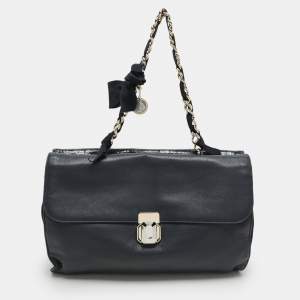 Lanvin Navy Blue Croc Embossed and Leather Flap Shoulder Bag