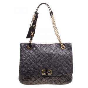 Pre Owned Lanvin Metallic Grey Quilted Ceramic Effect Leather Happy Shoulder Bag