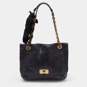 Pre Owned Lanvin Navy Blue Python Happy Flap Shoulder Bag