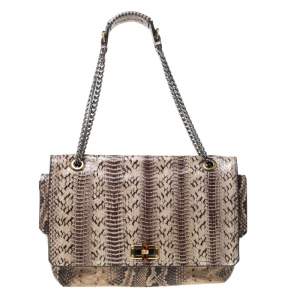 Pre Owned Lanvin Beige Python Embossed Leather Happy Chain Shoulder Bag