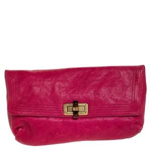 Lanvin Pink Leather Turnlock Fold Over Clutch