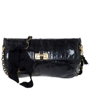 Pre Owned Lanvin Black Snakeskin Effect Patent Leather Happy Flap Shoulder Bag