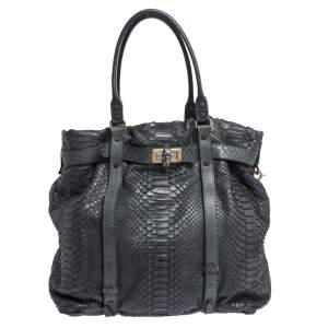 Pre Owned Lanvin Dark Blue Python Kentucky Tote