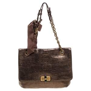 Pre Owned Lanvin Metallic Gold Lizard Embossed Leather Happy Shoulder Bag