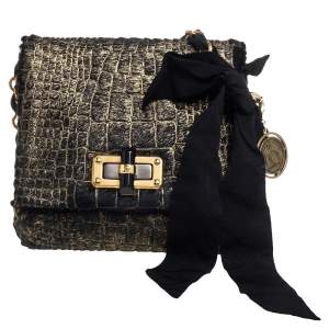 Lanvin Black/Gold Crocodile Print Calfhair Mini Happy Crossbody Bag