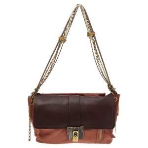 Pre Owned Lanvin Brown Deep Coral/Brown Leather and Python Dear Danae Chain Shoulder Bag