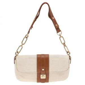 Pre Owned Lanvin Cream/Brown Raffia and Leather Baguette Bag