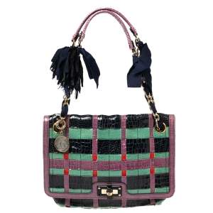 Pre Owned Lanvin Multicolor Croc Embossed Patent Leather Happy Shoulder Bag