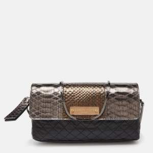 Pre Owned Lanvin Black/Gold Quilted Leather and Python Embossed Leather Flap Crossbody Bag
