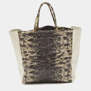 Pre Owned Lanvin Tri Color Leather and Lizard Embossed Leather Tote 