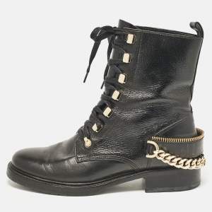 Lanvin Black Leather Chain Detail Lace Up Ankle Length Boots Size 40